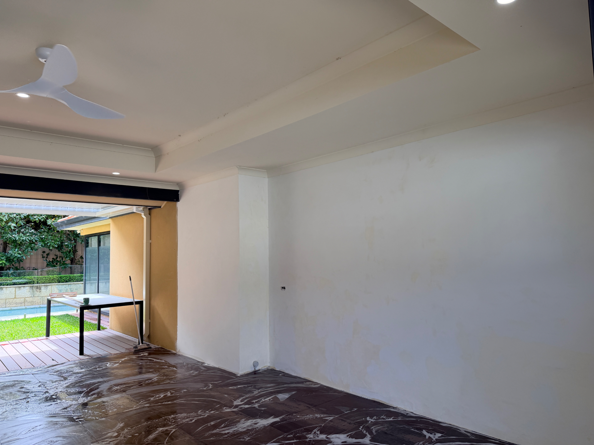 Mount Claremont alfresco walls after skim coating and setting plaster, ready for painting